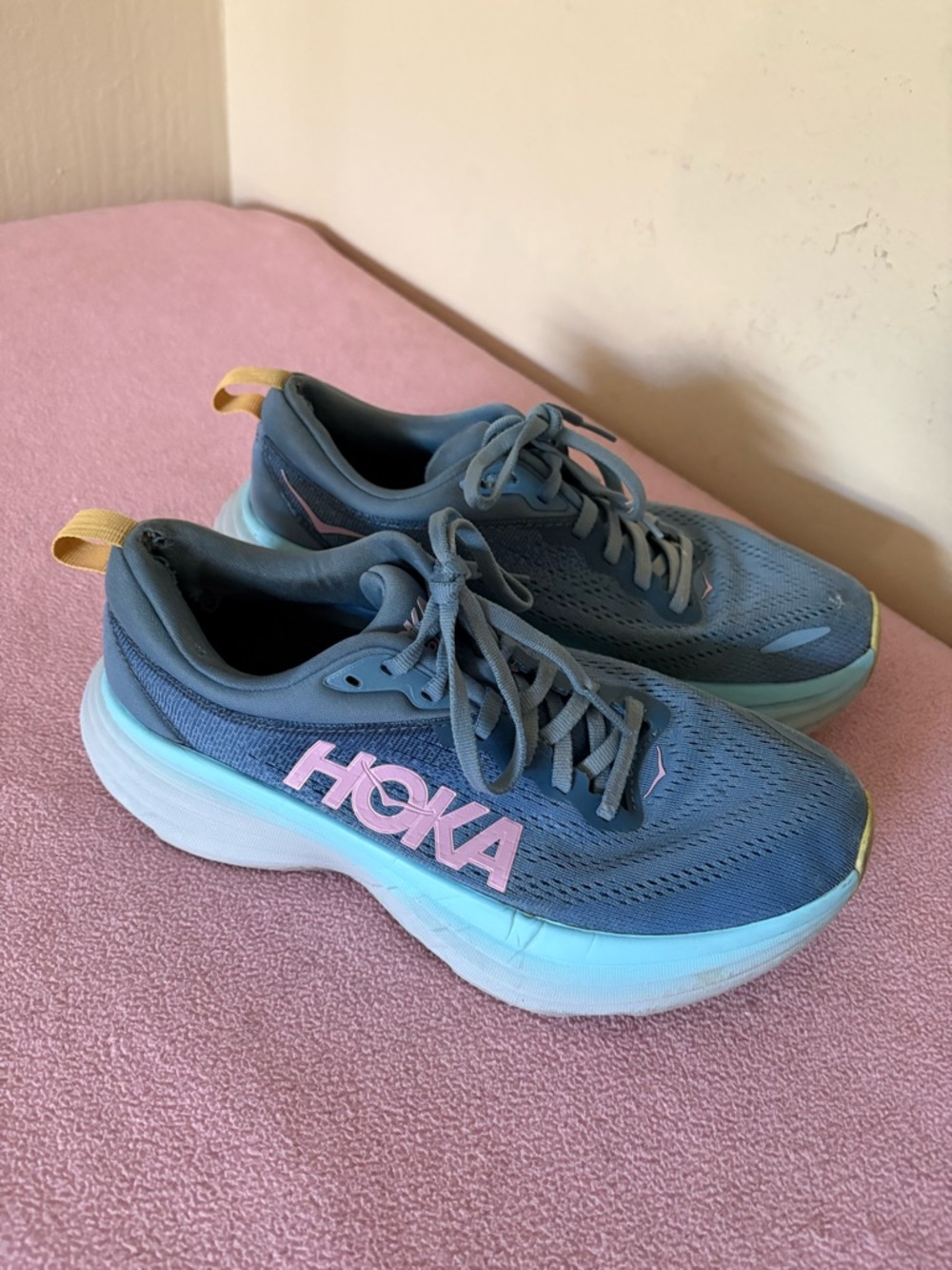 Hoka Slate Blue Running Shoes Pink Logo Women Sneakers 7 Bondi 8